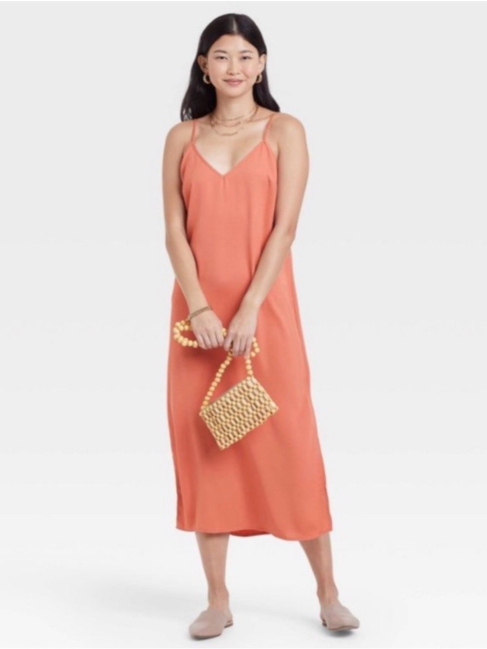 a new day Coral Slip Midi Dress with Spaghetti Straps